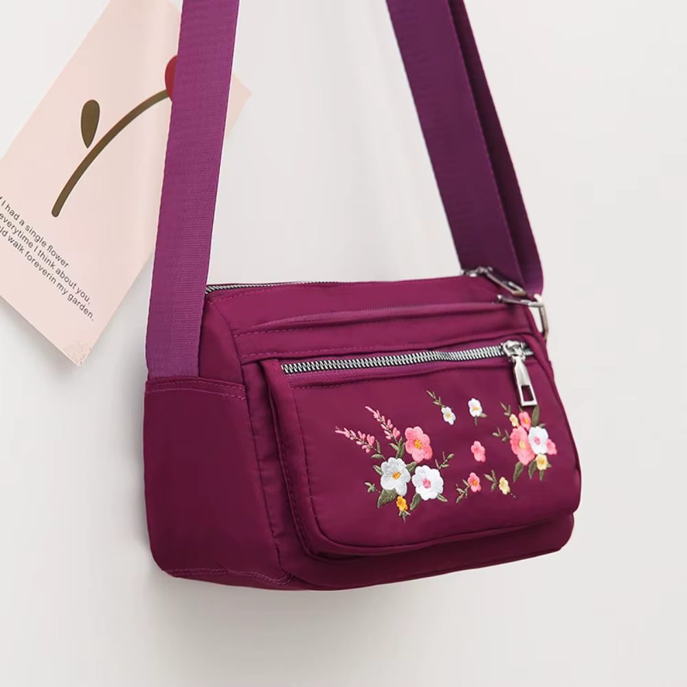 Bolso bandolera de nylon con bordado floral y cremallera - imagen 2