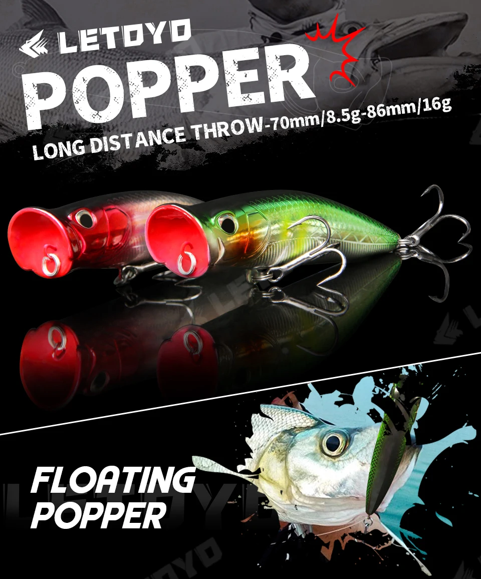 Popper LETOYO con detalle del cuerpo y anzuelos triples