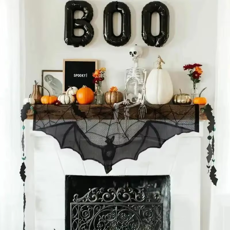Cortina de ventana Halloween gótica de encaje con murciélagos