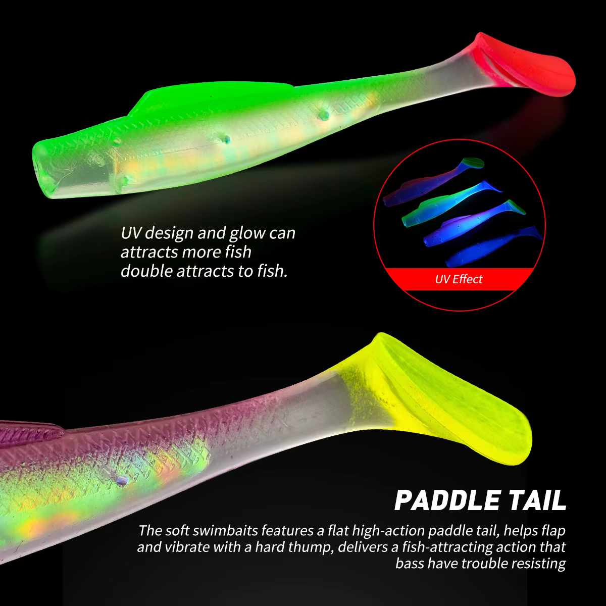 Señuelo Cola de Pala UV 8 cm – Cebo Soft TPR con Brillo - imagen 3