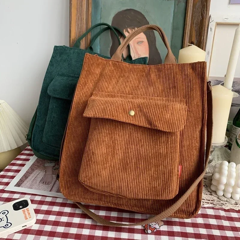 Bolso de hombro de pana vintage con cremallera y bolsillo exterior - imagen 4