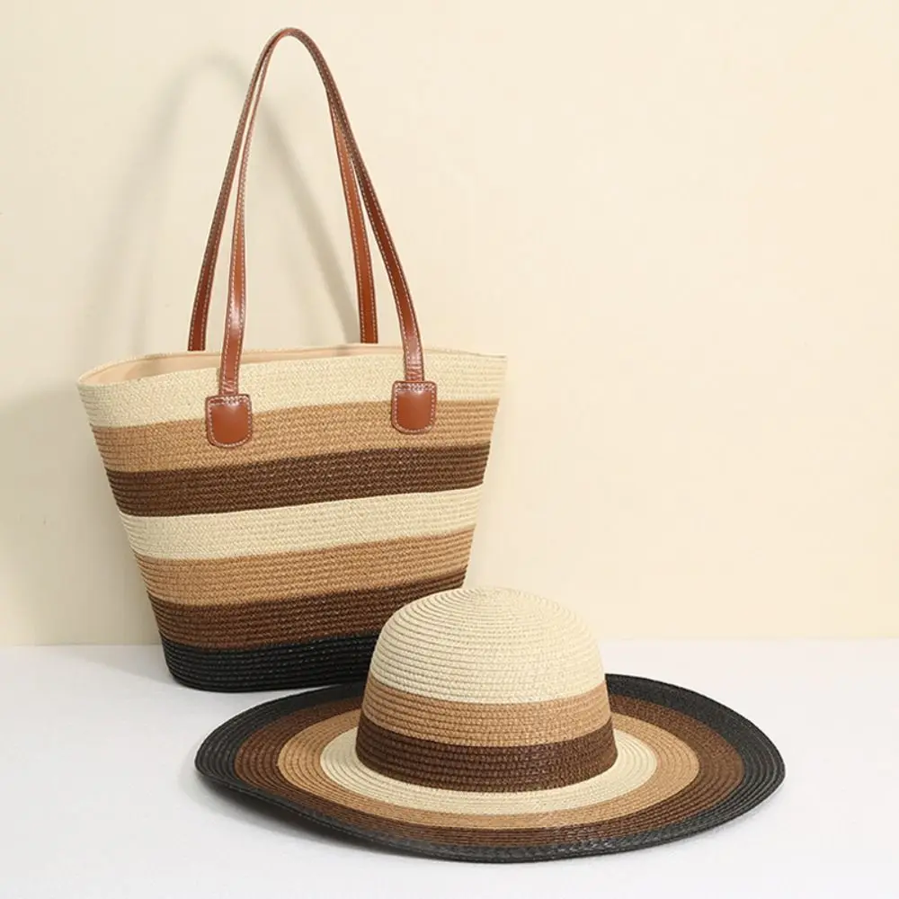 Bolso tote de paja cuadrado gran capacidad con cremallera y rayas