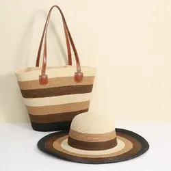Bolso tote de paja cuadrado gran capacidad con cremallera y rayas