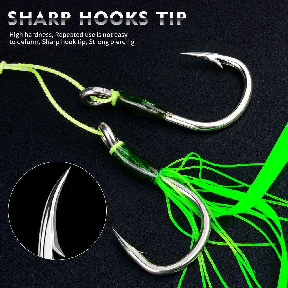 Anzuelos Dobles Jigging Ojo Grande con Pluma Verde Proberos – Acero - imagen 5