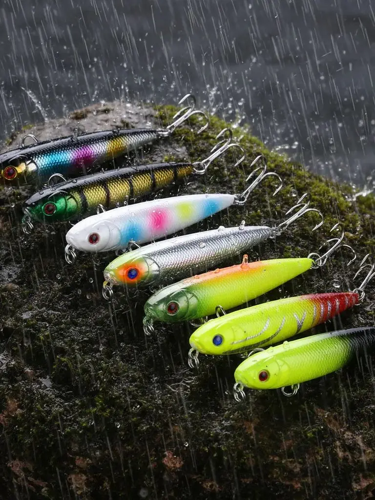 Pack de 5 señuelos de superficie tipo lápiz para pesca de lubina, lucio y lucioperca