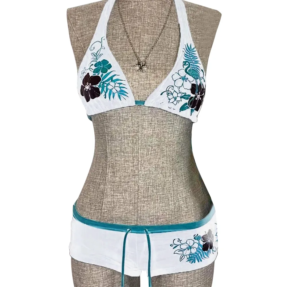 Bikini vintage de flores, bañador sexy de tiro bajo ajustable
