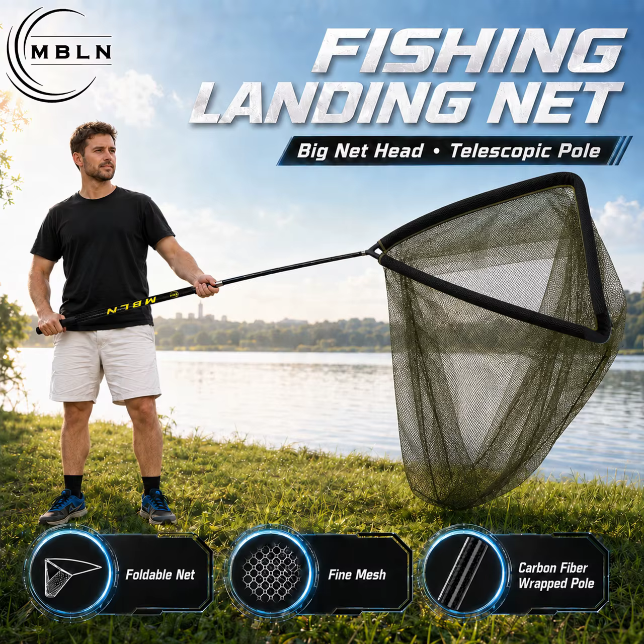 Red de Pesca Plegable Triangular MBLN Mango Carbono - imagen 2