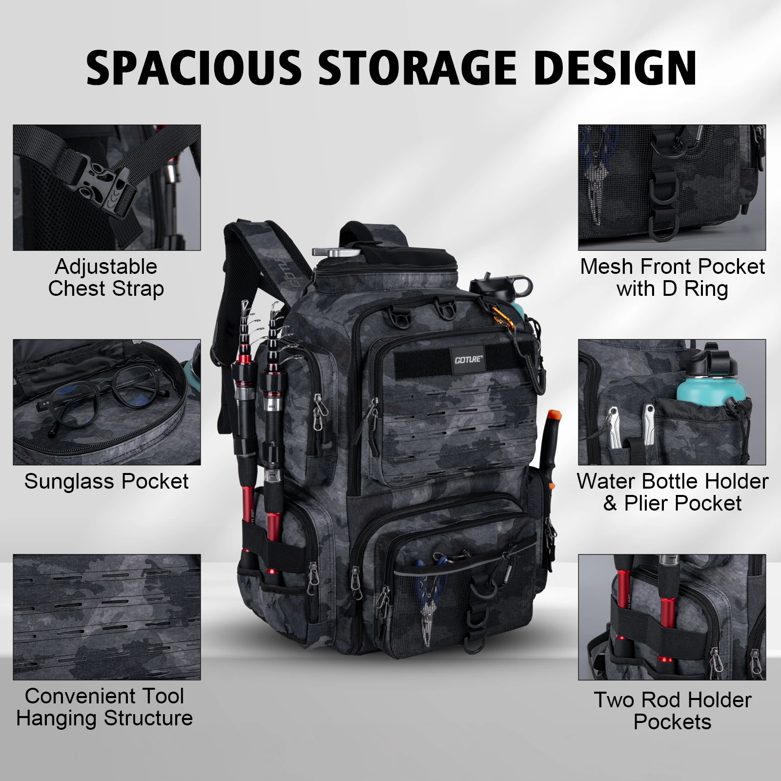 Mochila de pesca Goture 900D resistente al agua con cajas y cañas - imagen 2