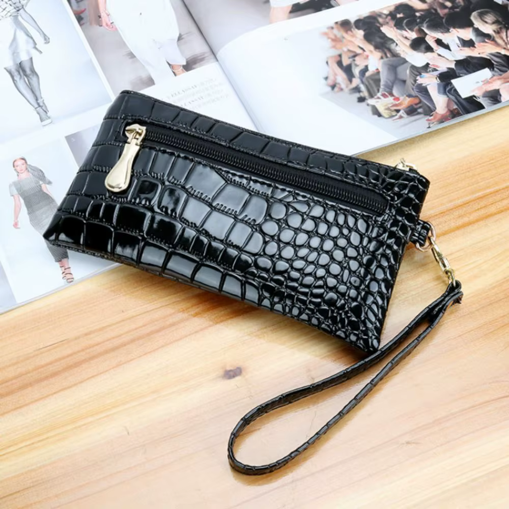 Cartera larga cuero mujer con estampado cocodrilo y doble cremallera