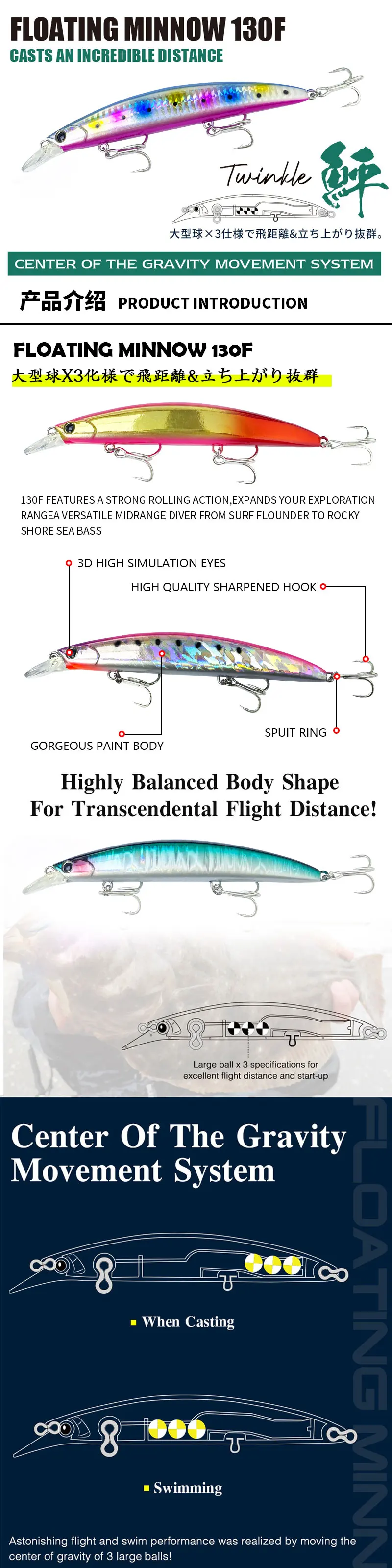 Señuelo de pesca flotante pececillo 27g 130mm vista lateral
