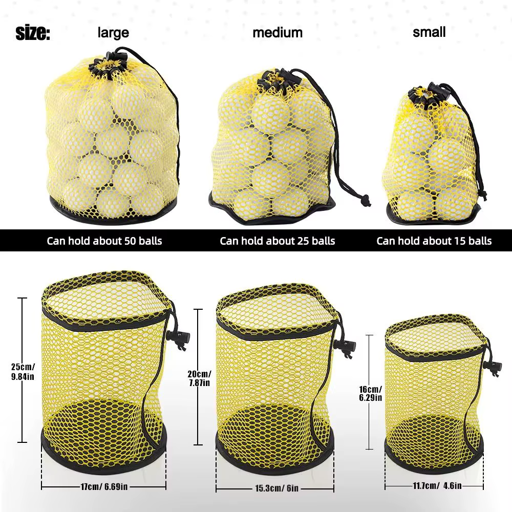Bolsa de malla para pelotas de golf en color negro, vista frontal