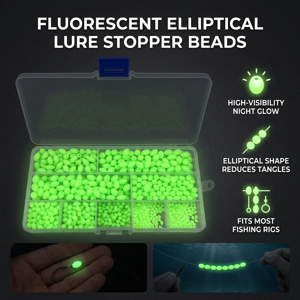 Caja de cuentas elípticas fluorescentes para señuelos nocturnos