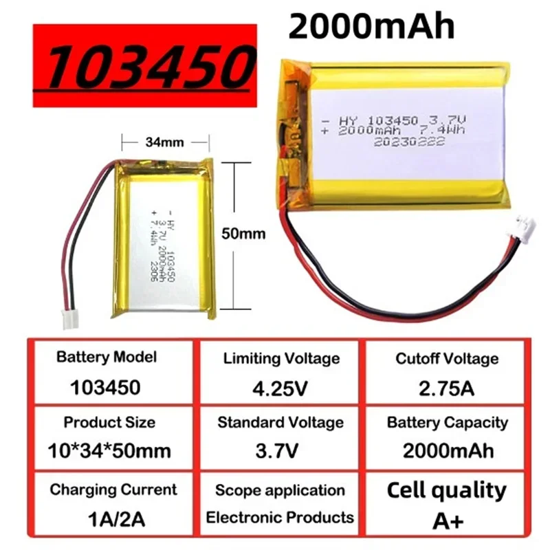 Batería recargable Li-Po 103450 con conector JST PH 2 pines