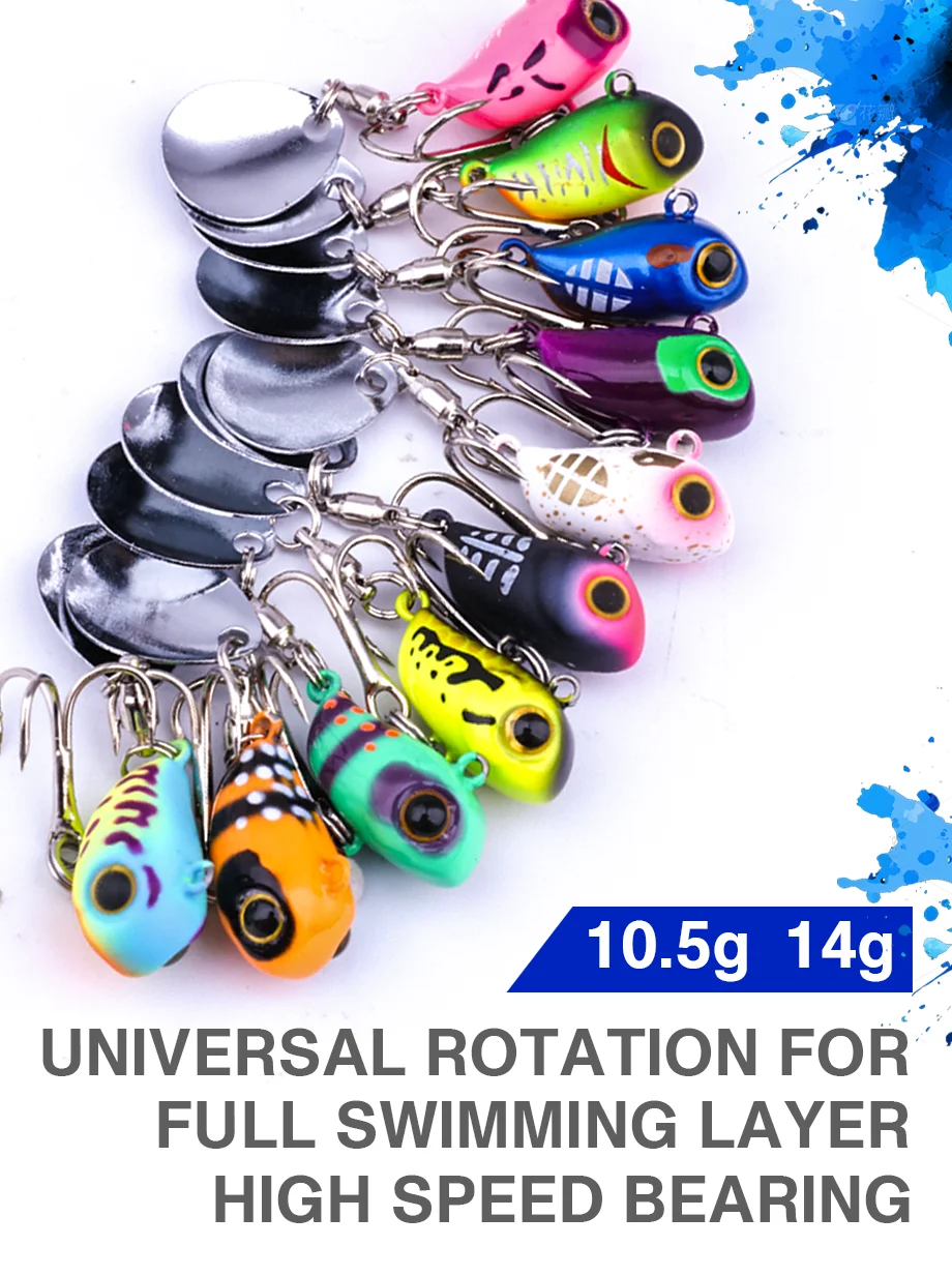 Señuelo FJORD VIB 10,5 g y 14 g con detalle del rodamiento y lentejuelas