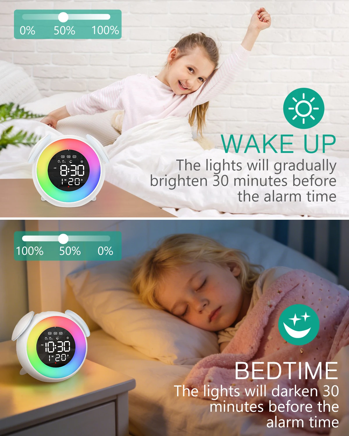 ORIA Despertador infantil multicolor con luz nocturna y doble alarma - imagen 3