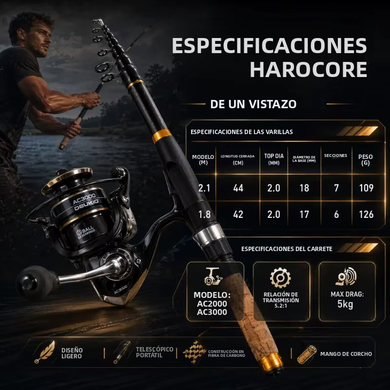 Kit Caña Telescópica Deukio Carrete 2000 para Pesca