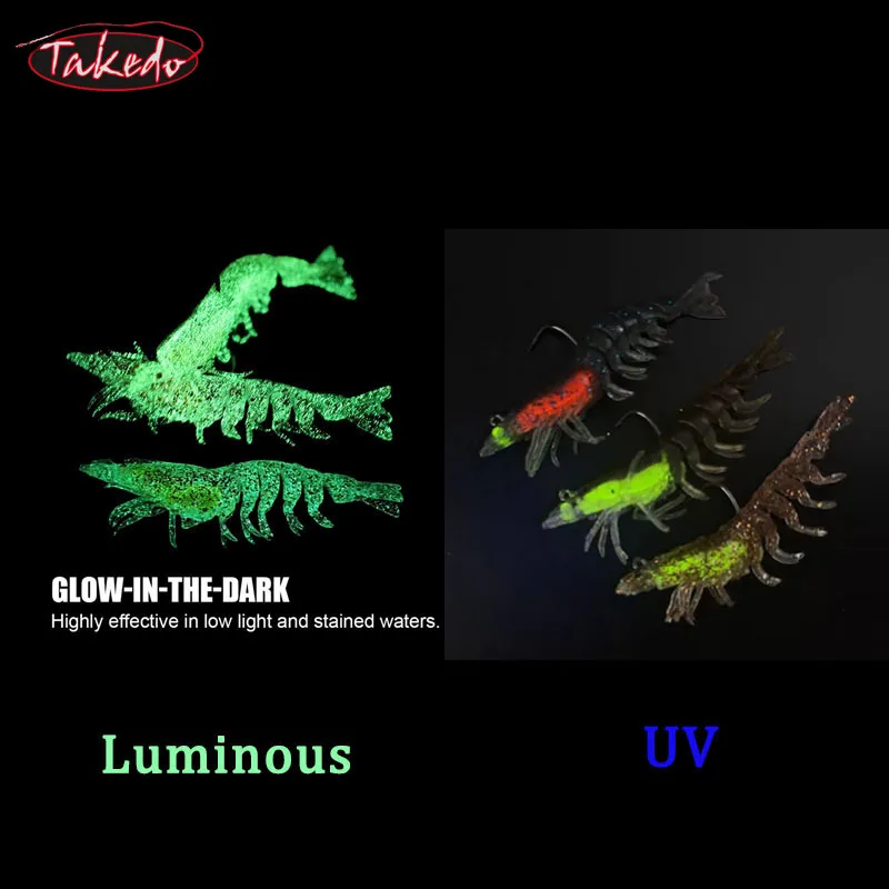 Takedo señuelo blando de camarón TPR lumínico con anzuelo UV