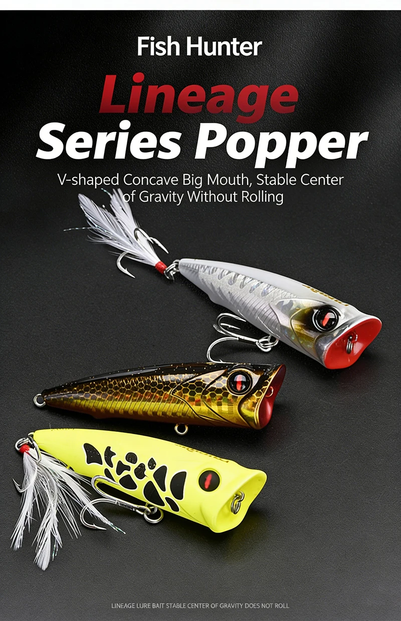 Popper de superficie con anzuelos triples y plumas