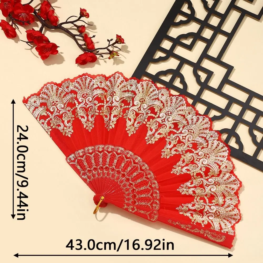 Abanico plegable chino desplegado con bordado y estampado dorado