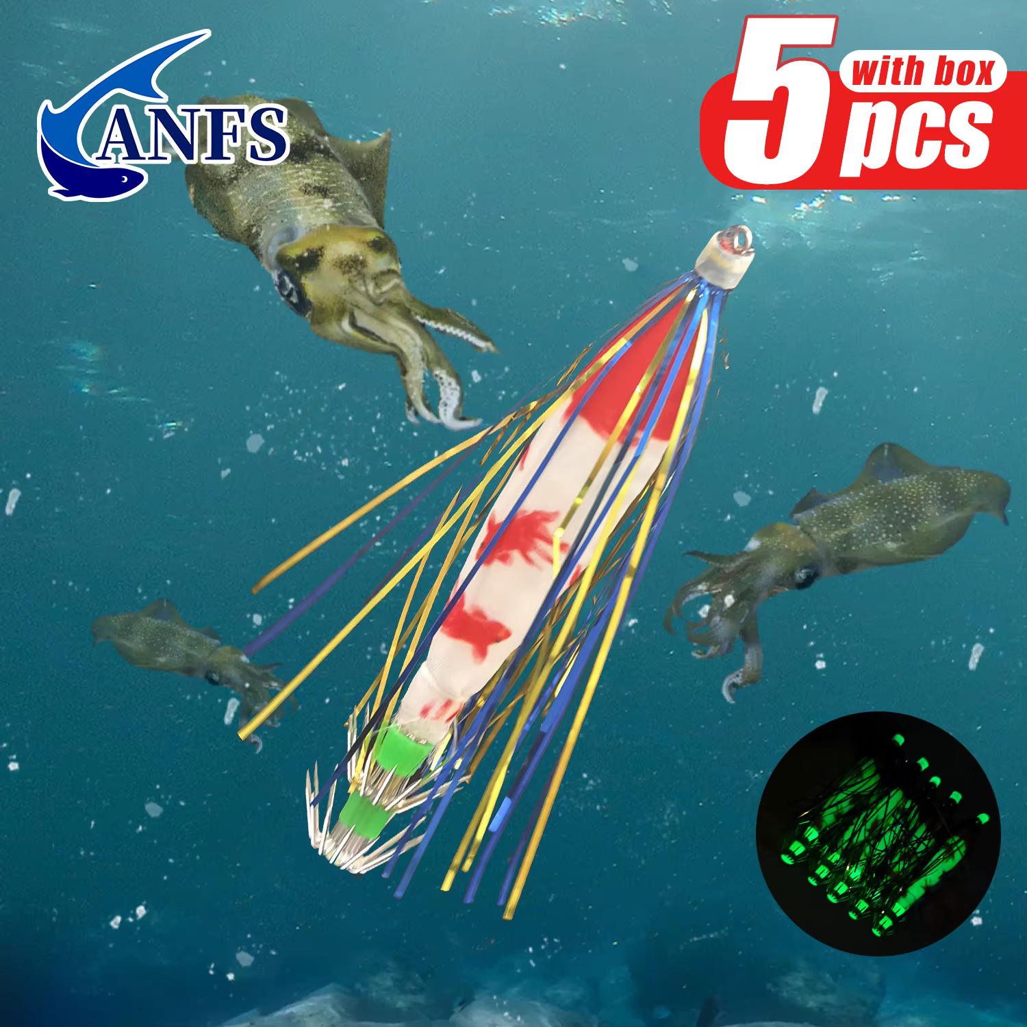 ANFS Juego de 5 Señuelos para Calamar, Pulpo y Sepia en Agua Salada - imagen 3