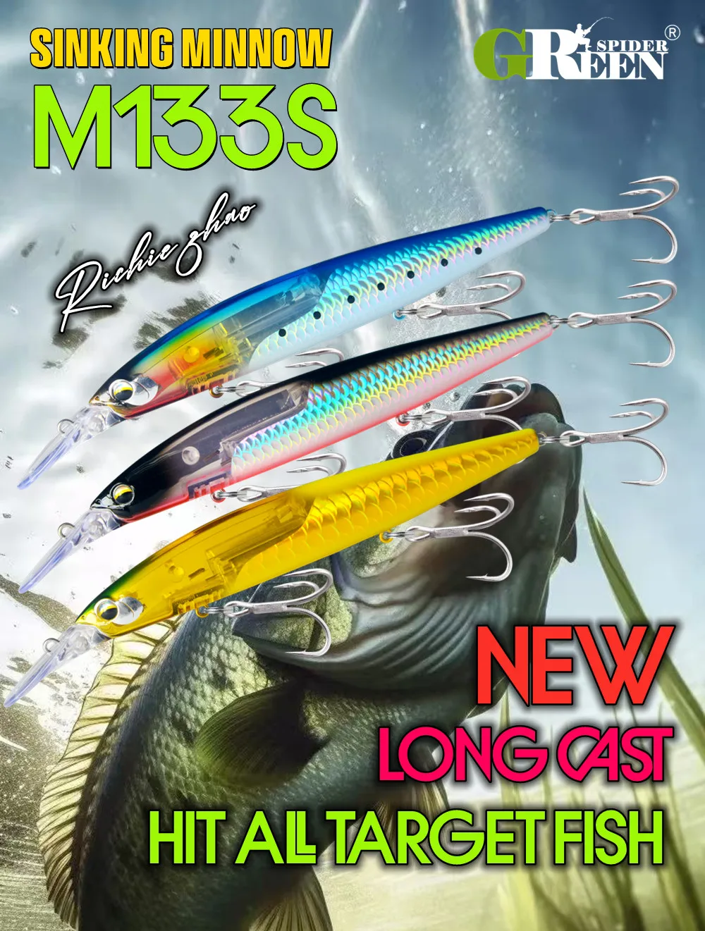 Vista general del señuelo GREENSPIDER Minnow con escamas brillantes