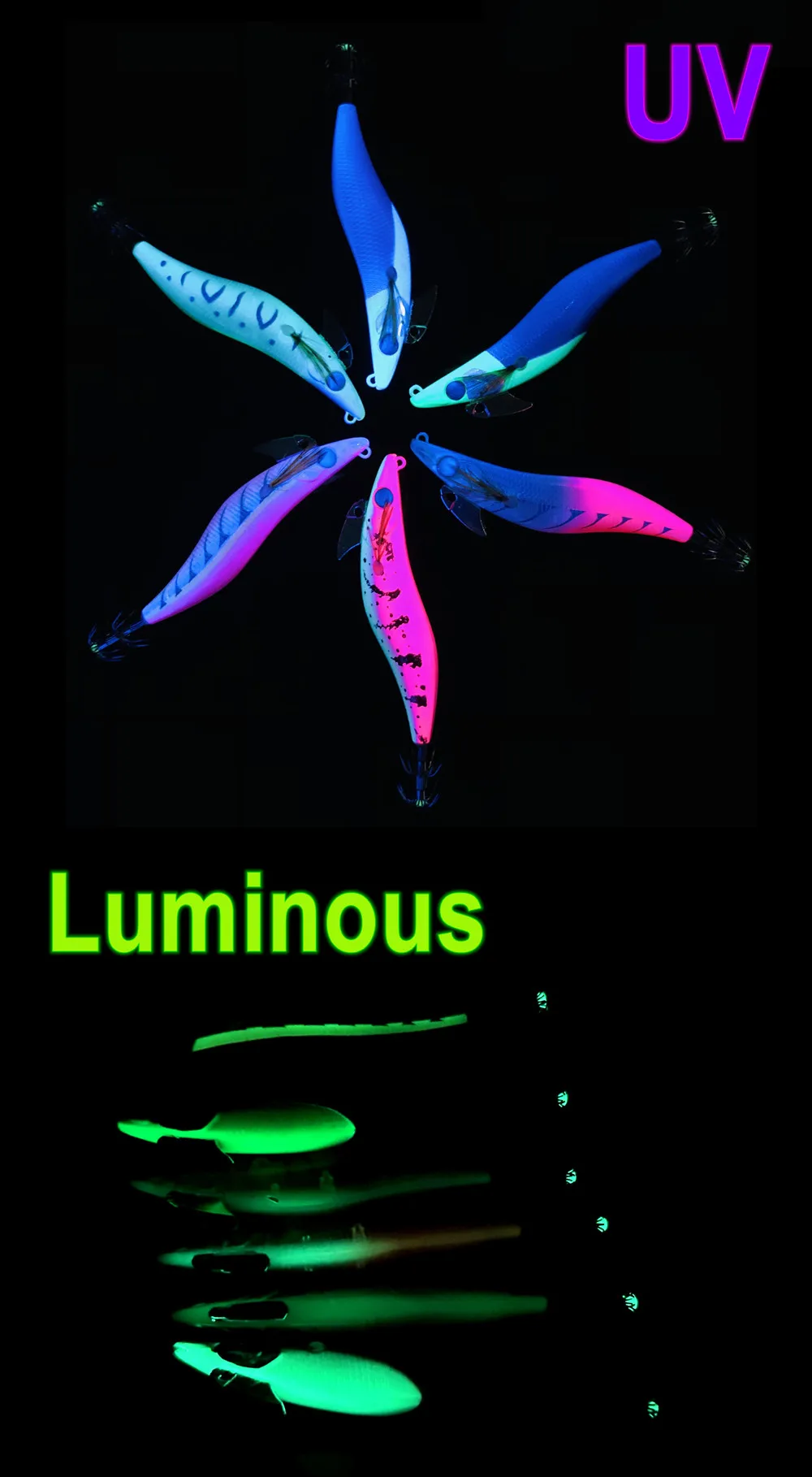 Detalle del señuelo noctilucente tipo egi