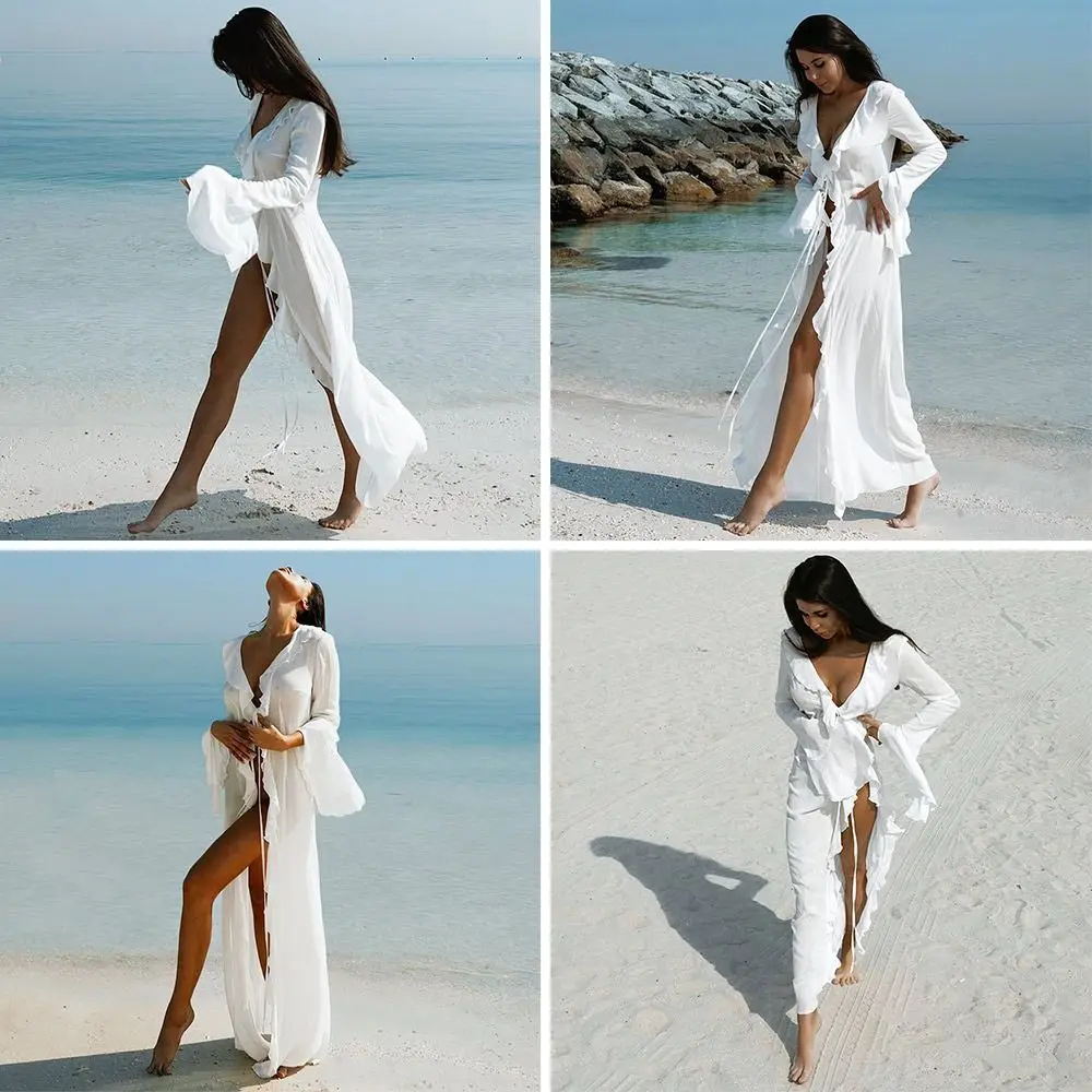 Vestido de playa, cuello en V, manga larga y volantes - imagen 3