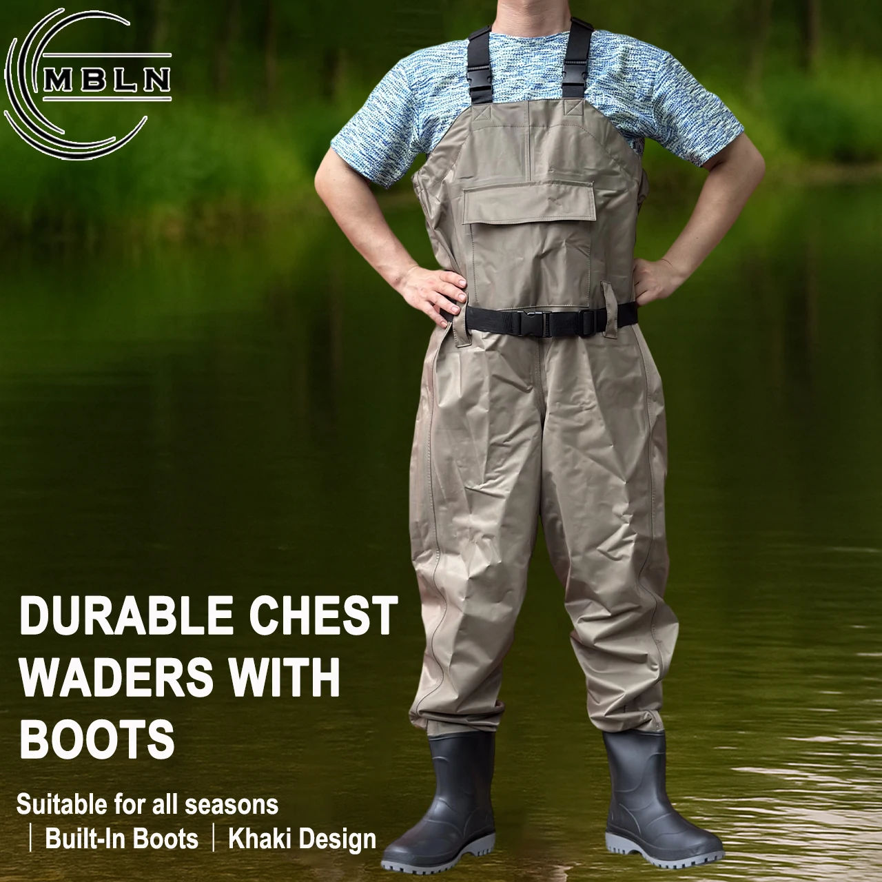 Pantalones impermeables de pesca color caqui con botas integradas