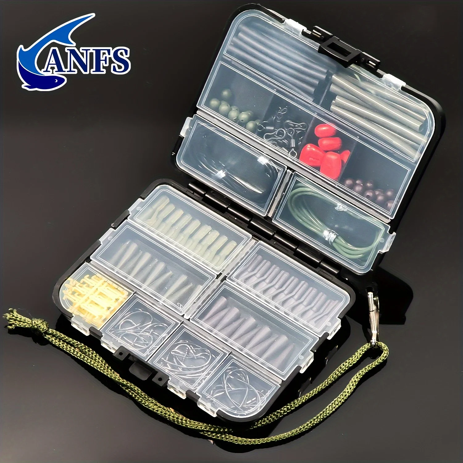 Distribución del contenido del kit con cabezales, anzuelos y accesorios organizados