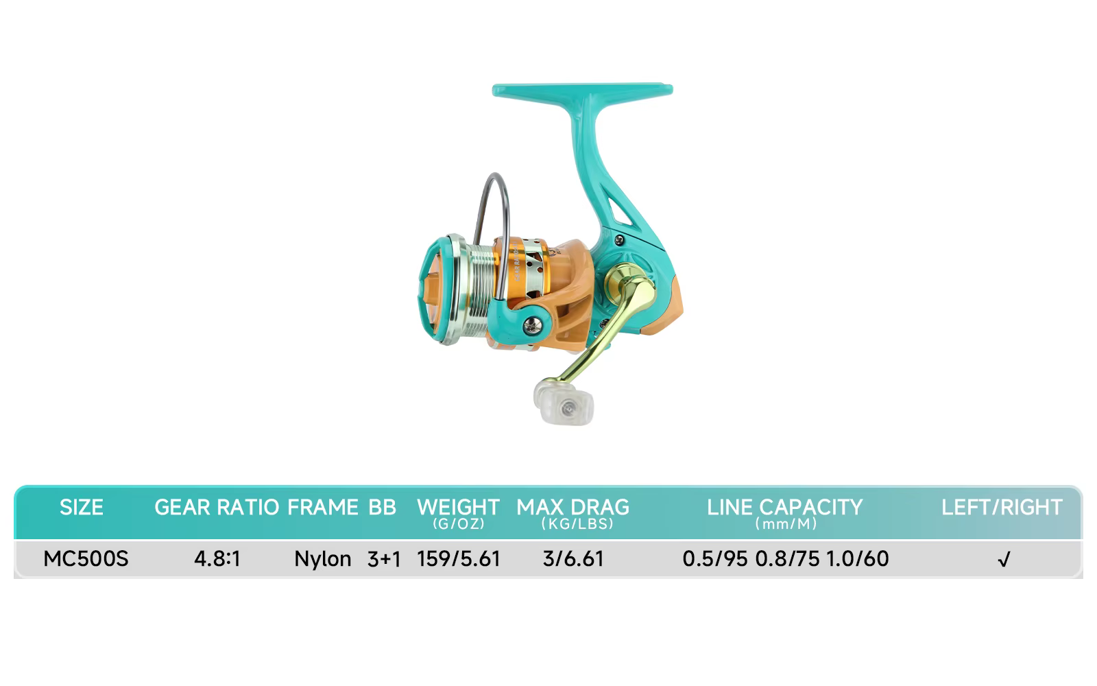Carrete de pesca giratorio MC500/800/1000 con detalle del cuerpo metálico
