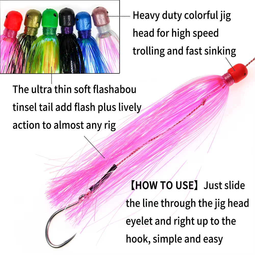 Elllv Jig Head Heavy Duty – Cola Mylar reflectante para trolling en agua salada