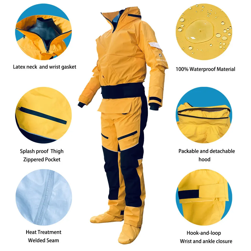 Traje seco para pesca en kayak con entrada frontal y capucha