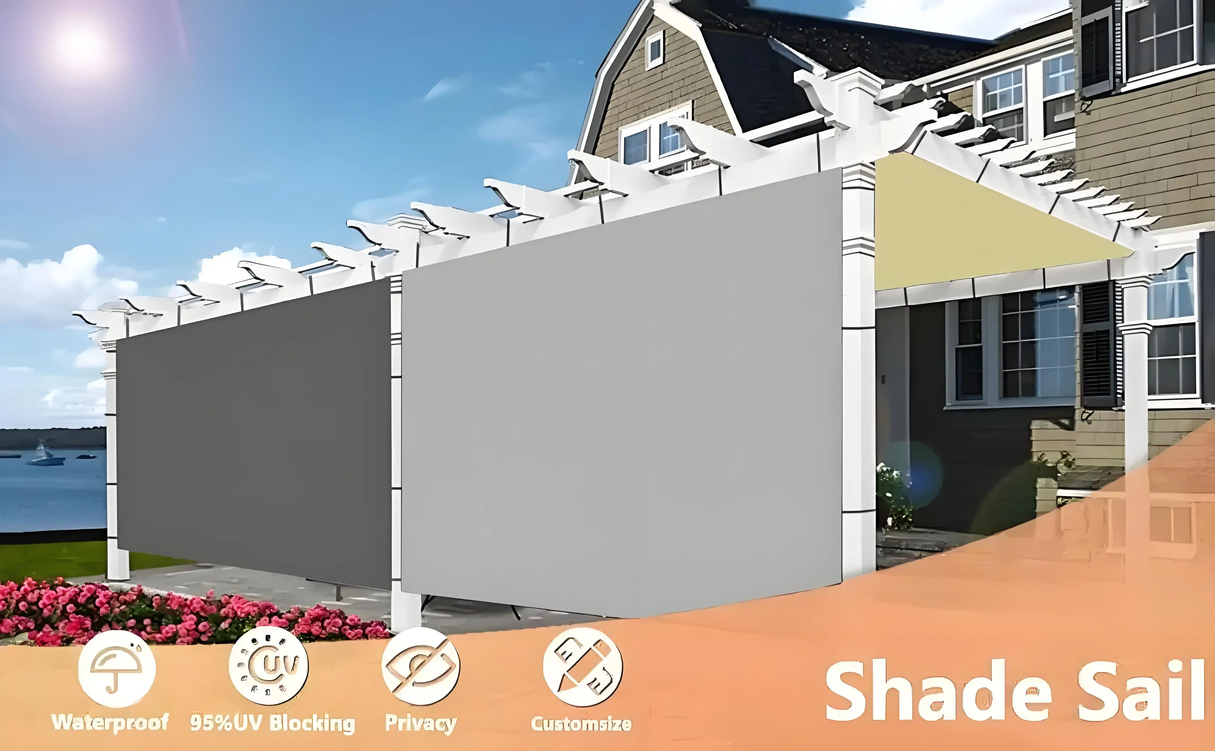 Vela de sombra rectangular instalada en pérgola de jardín