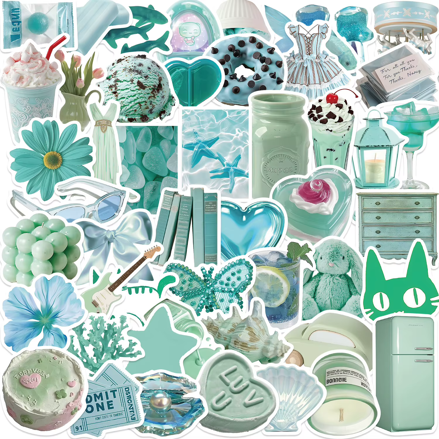 Pegatinas verde menta con diseños cartoon sobre superficie lisa