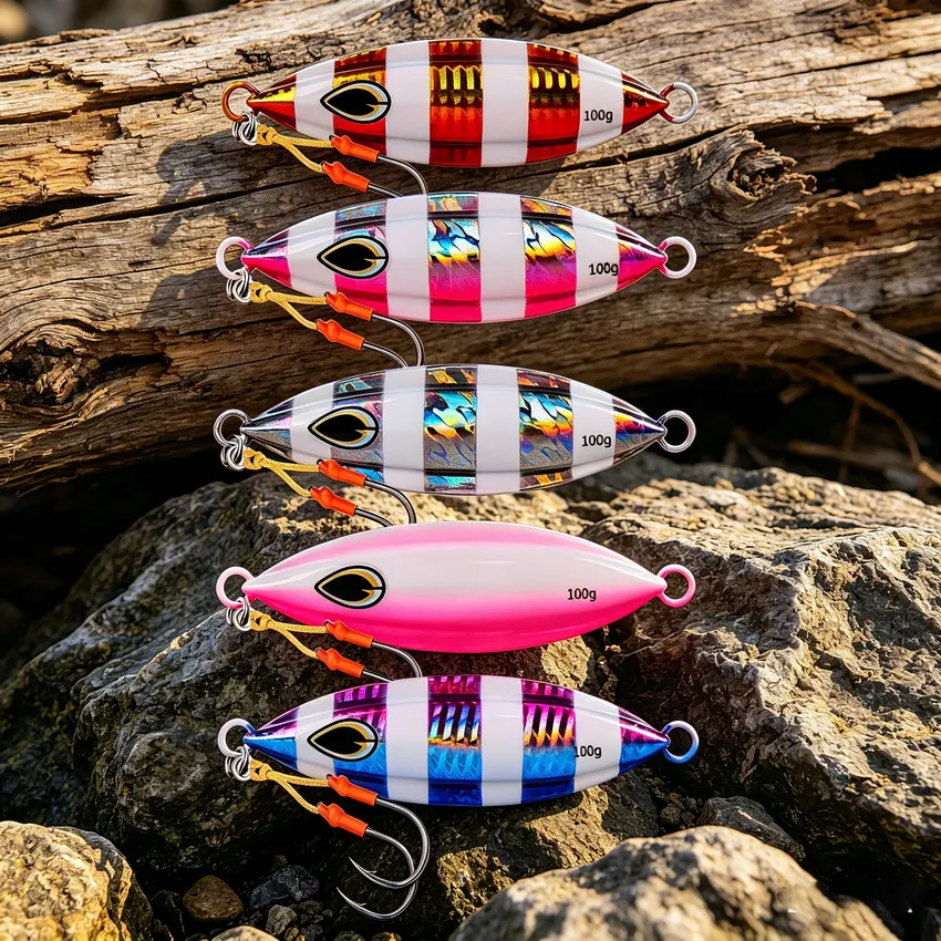 Señuelo de jigging lento metálico con anzuelo auxiliar y efecto luminoso UV