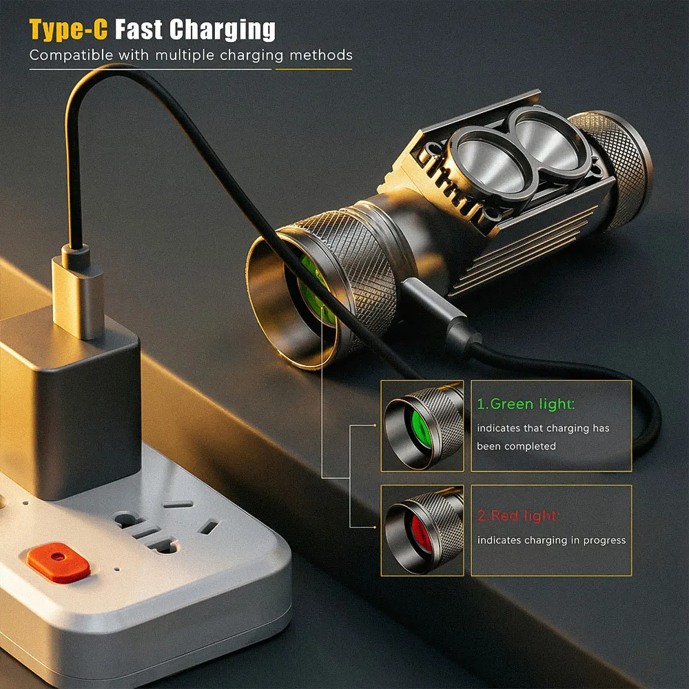 Linterna frontal LED recargable USB-C para pesca y acampada, potencia - imagen 2