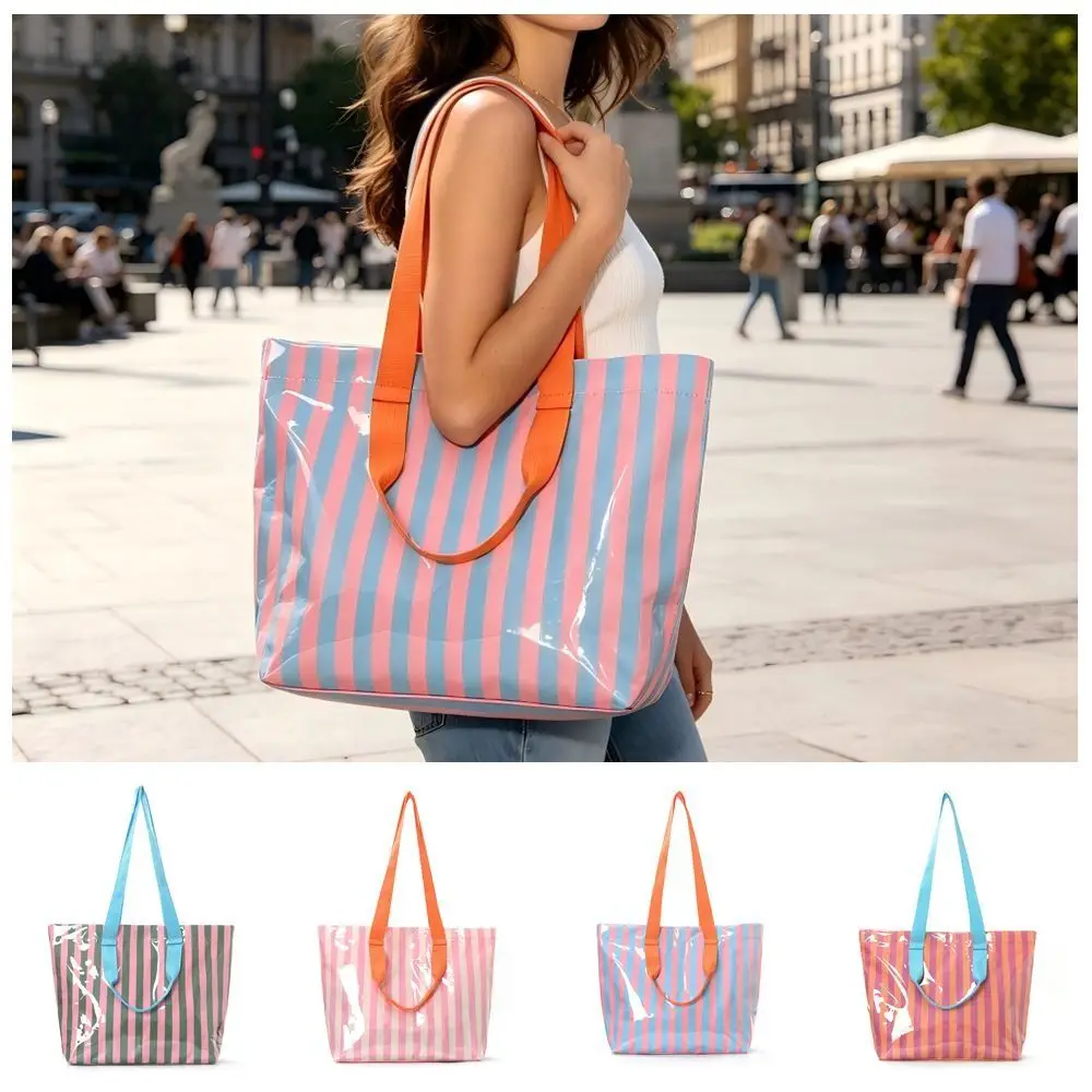 Bolso tote impermeable rayas PVC con correa larga para pesca en playa - imagen 3