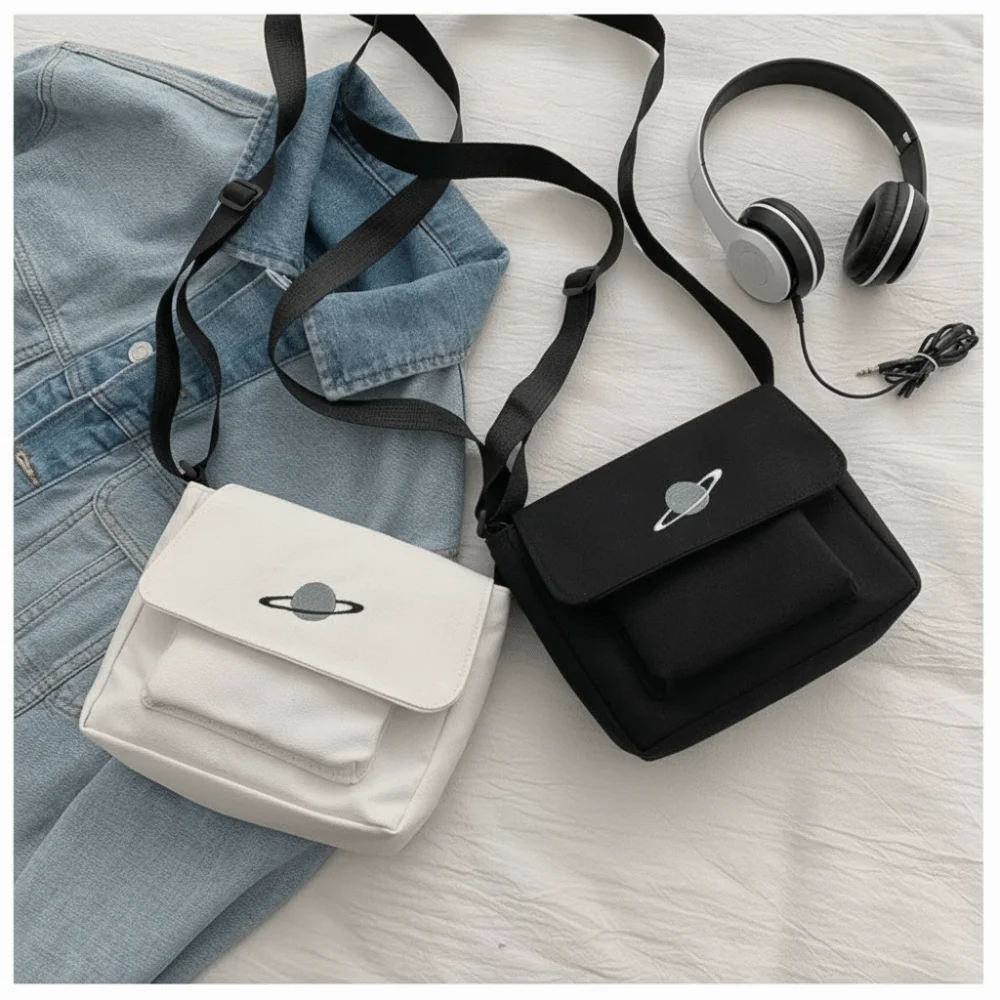 Bolso de hombro de lona vintage negro/blanco para estudiantes - imagen 5
