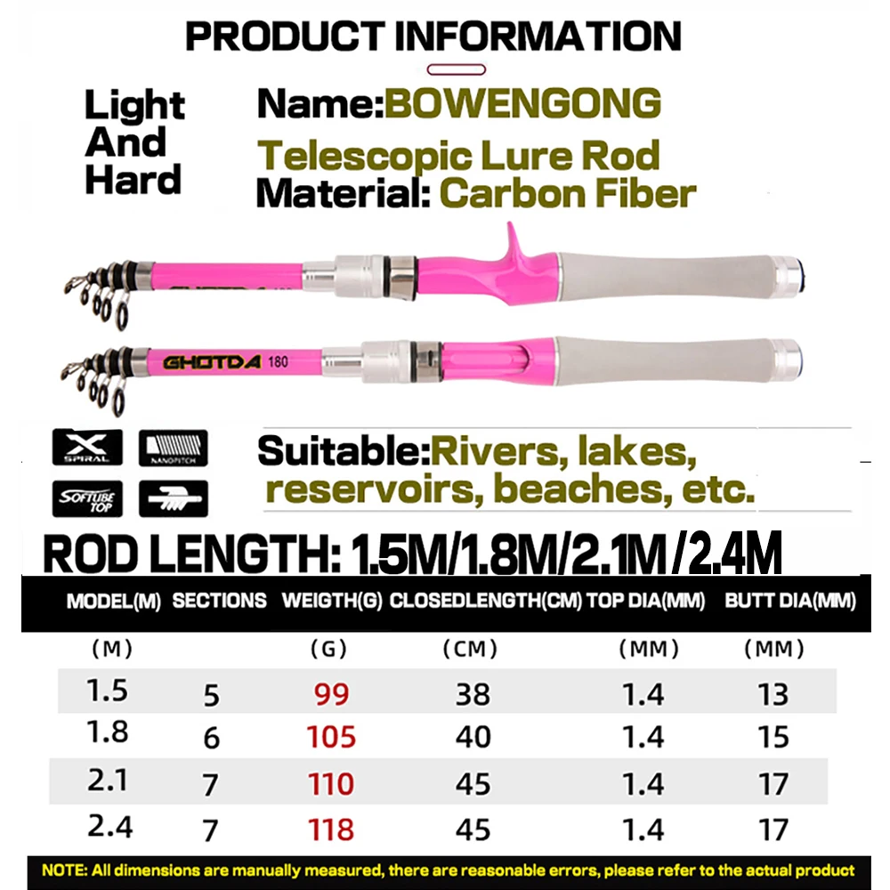 Caña de pescar telescópica carbono ultraligera rosa spinning y casting - imagen 4
