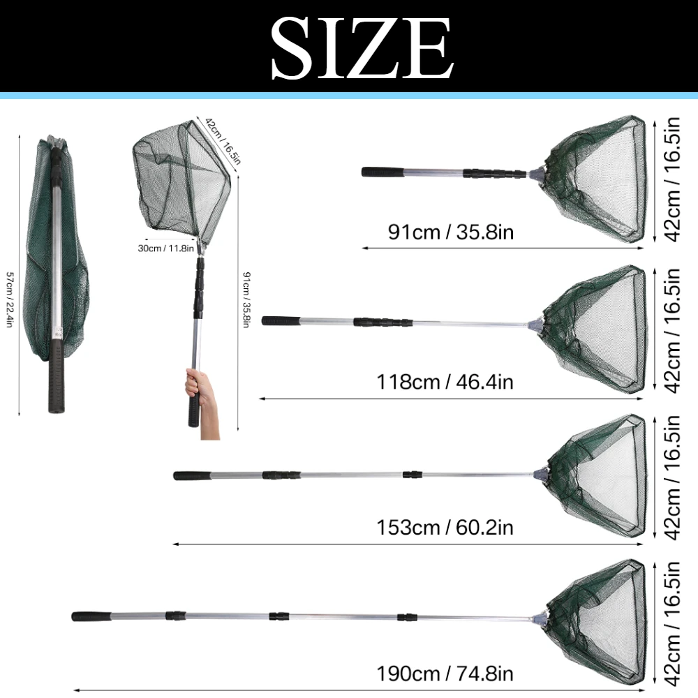 Red de pesca telescópica 190CM extendida mostrando su alcance completo
