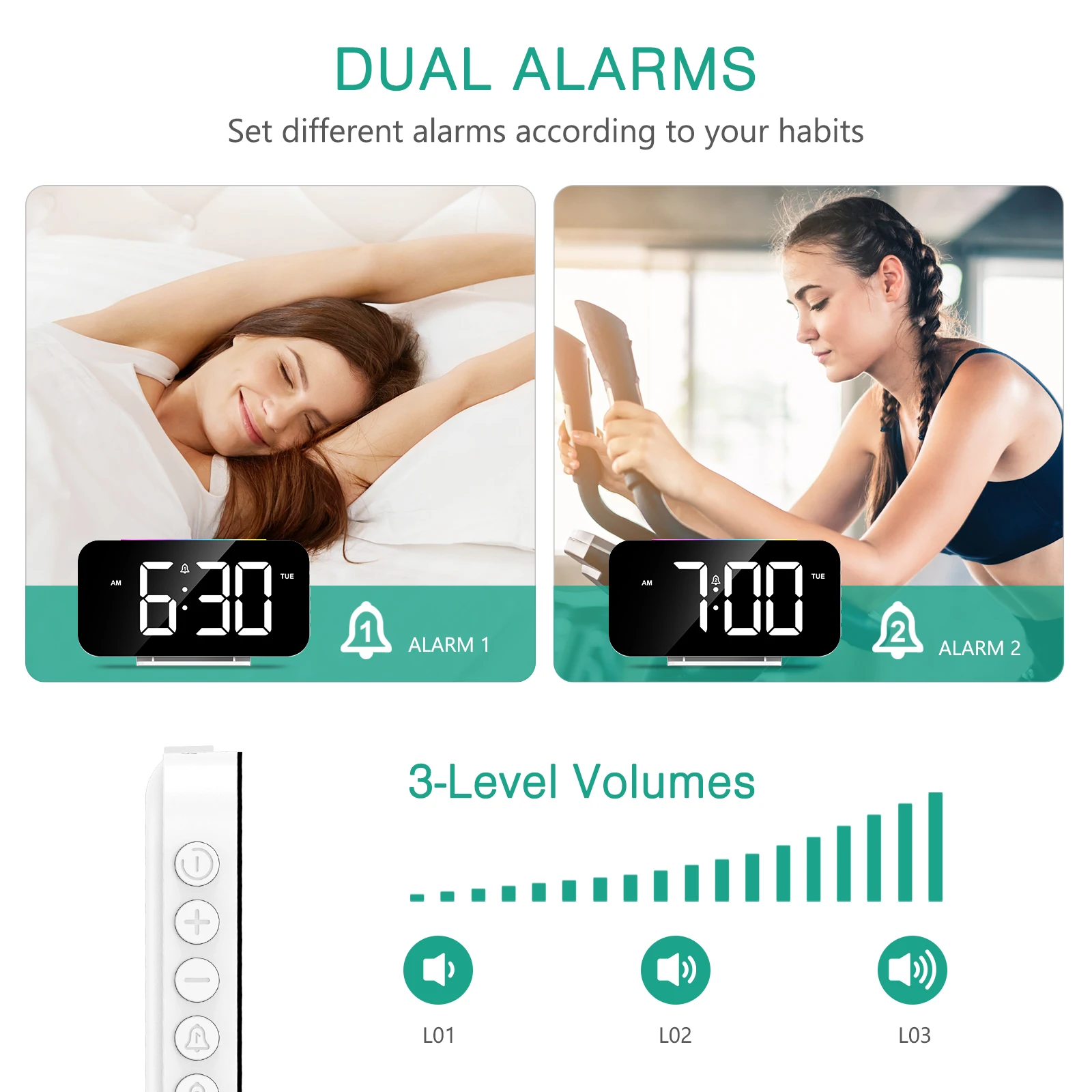 ORIA Despertador Digital LED grande, doble alarma y luz 10 colores - imagen 3