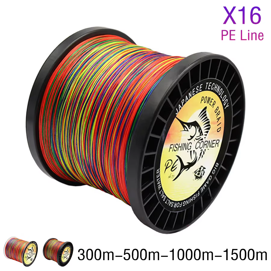 Sedal trenzado PE multicolor de 16 hebras, resistente y duradero