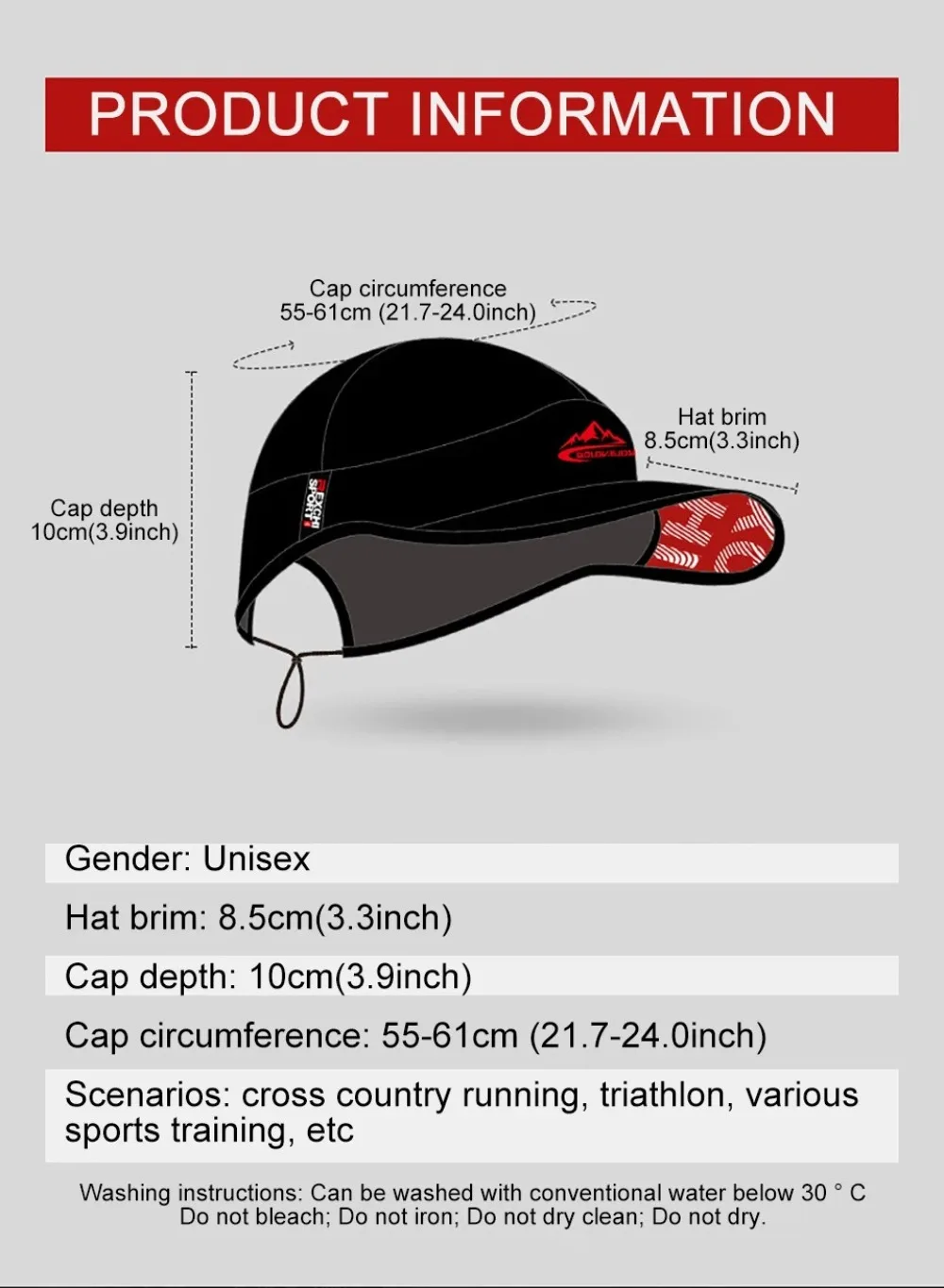 Gorro unisex para running y montañismo, combinación negro/blanco/gris