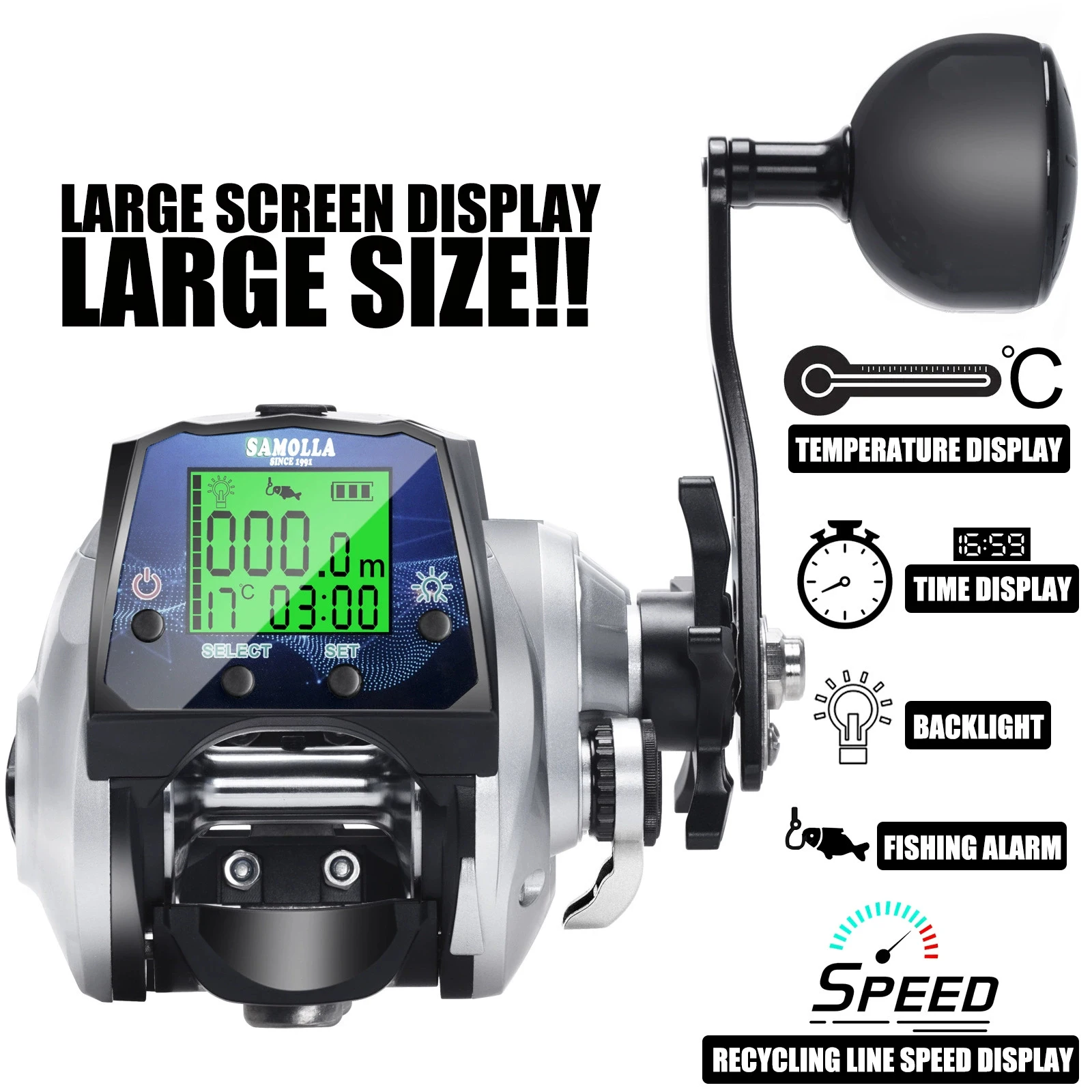 Carrete baitcasting electrónico con pantalla LED y alta velocidad