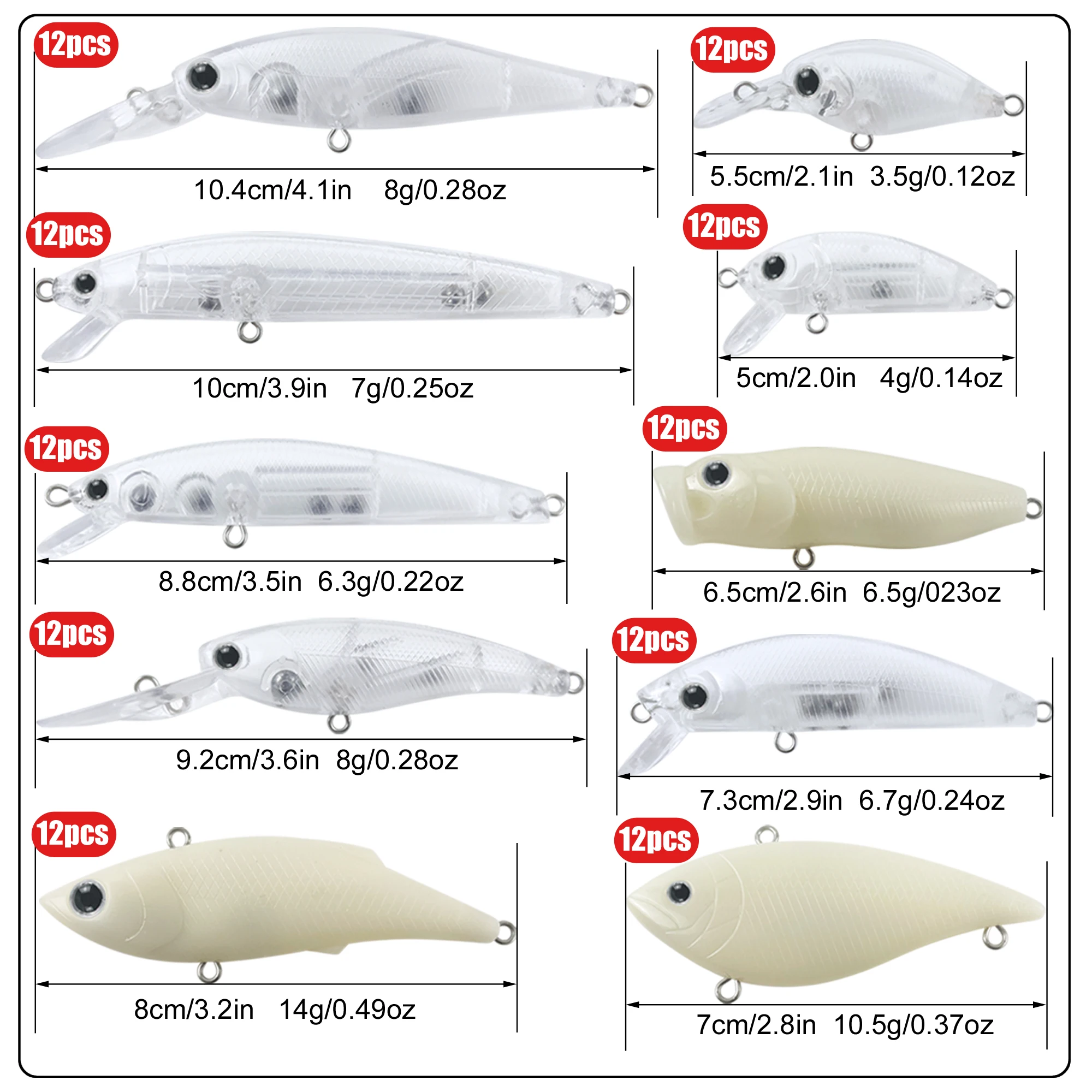 Ejemplo de tipos de señuelos (minnow/VIB/crankbait/popper)