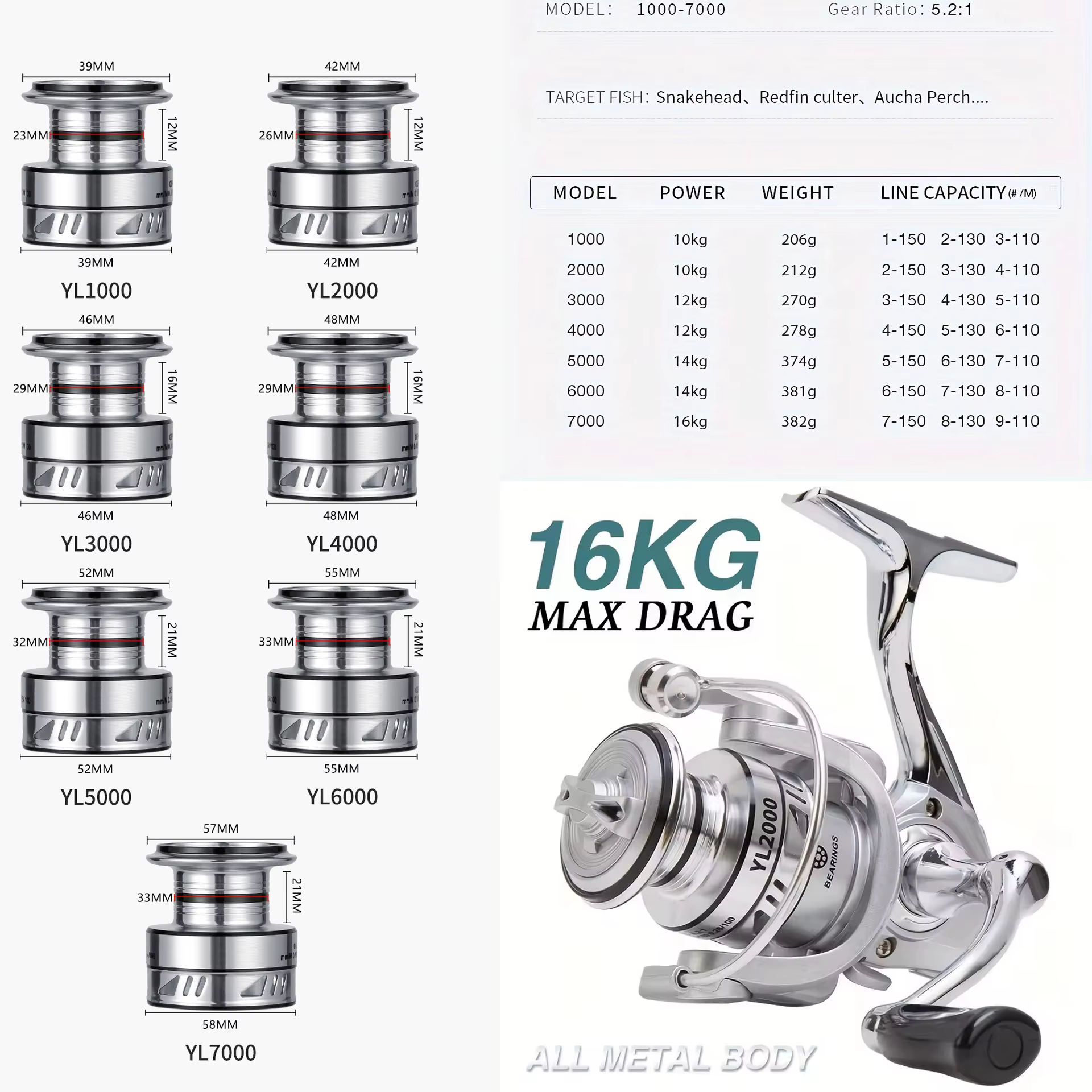 Carrete de Baitcasting Metálico para Pesca de Mar