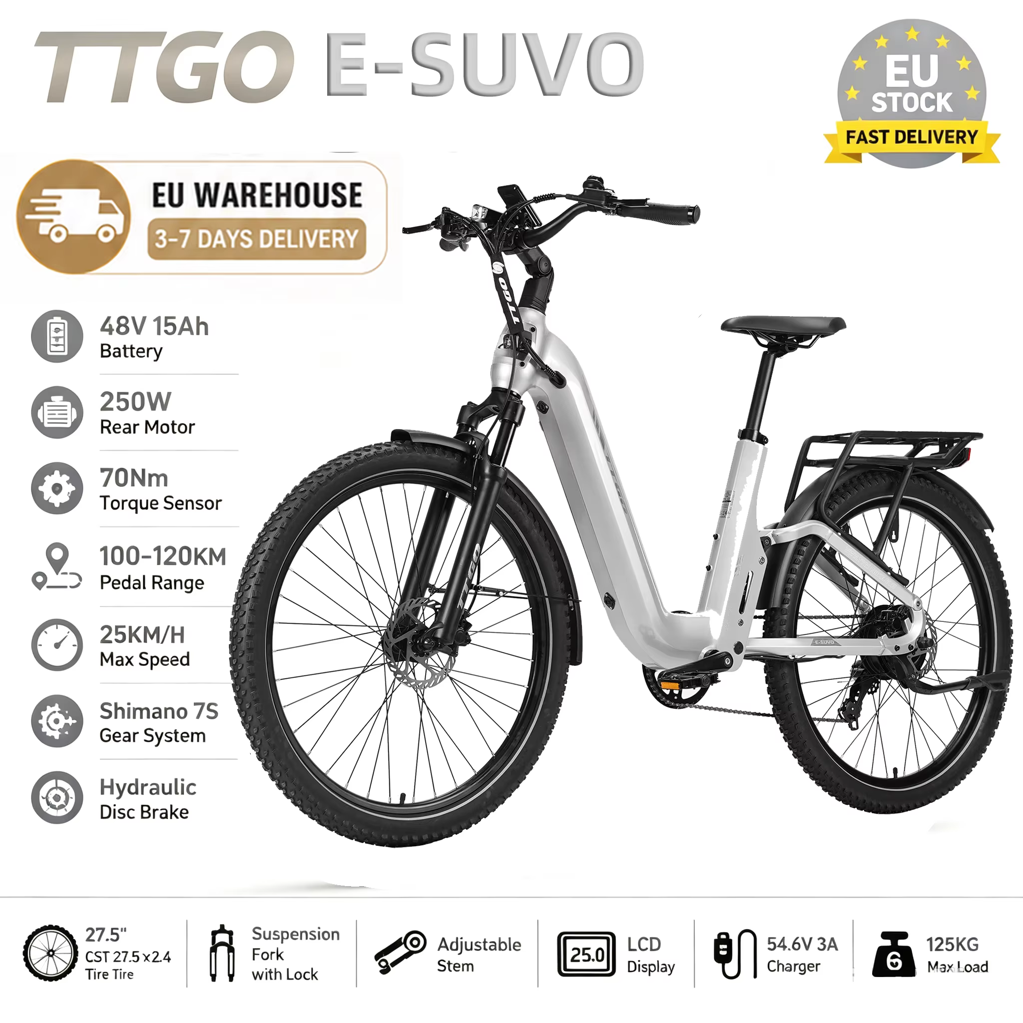 Bicicleta Eléctrica Urbana TTGO 27.5" Sensor Torque 250W 48V 15Ah