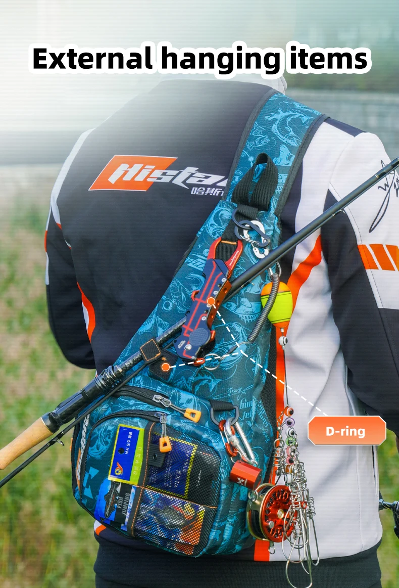 Detalle de compartimentos y sistema Molle en bolsa de pesca