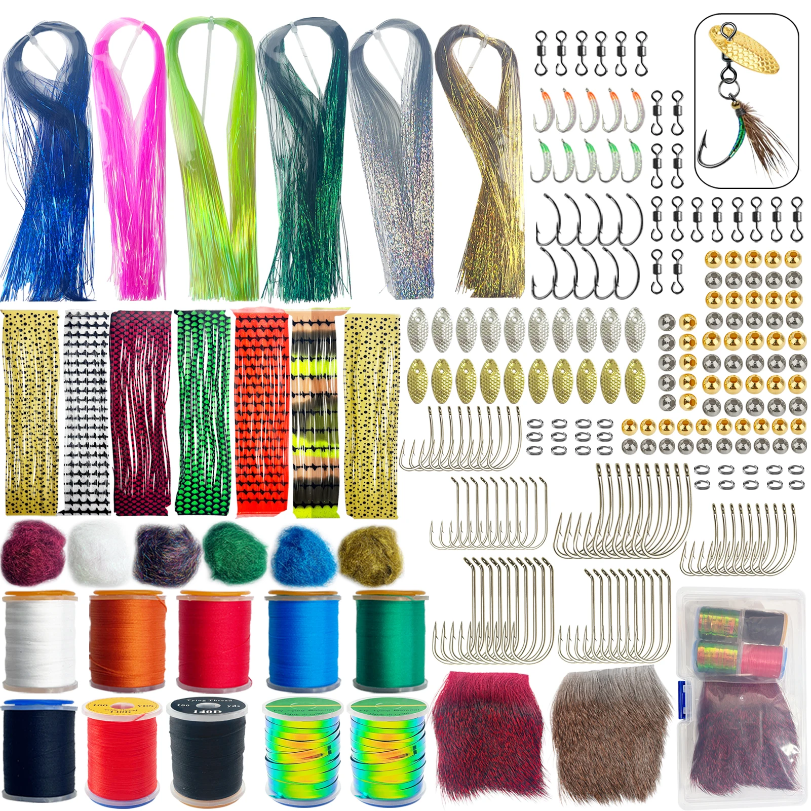 Vista general del kit FREE FISHER con todos los materiales para atar moscas