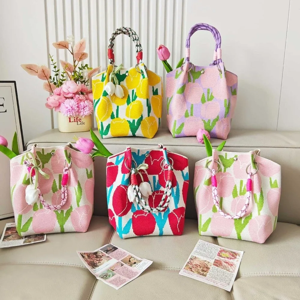 Bolso tote gran capacidad tejido floral con hebilla de anillo - imagen 3